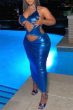 Blauwe mode sexy effen uitgeholde patchwork backless lange jurk met spaghettibandjes