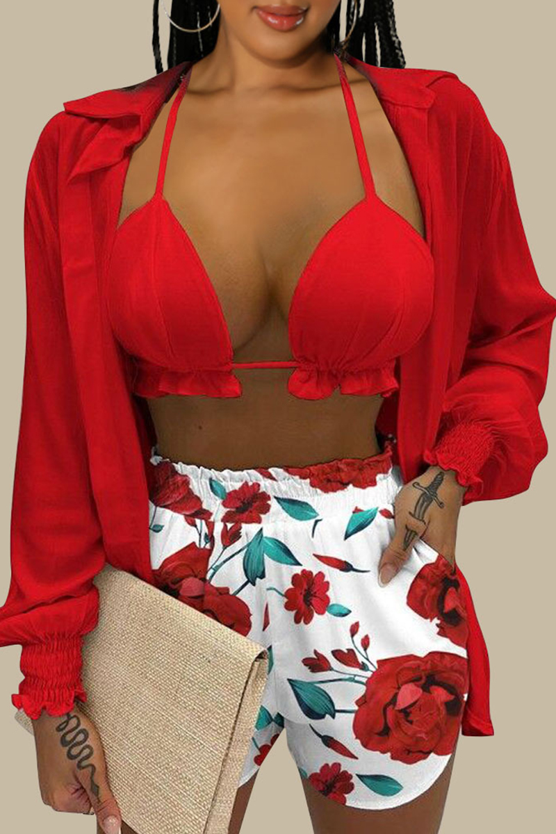 

Red Fashion Sexy Print Bandage Swimwears Three-piece Set (With Paddings)