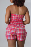 Rose Red Casual Plaid Print Patchwork Strapless Sleeveless Two Pieces