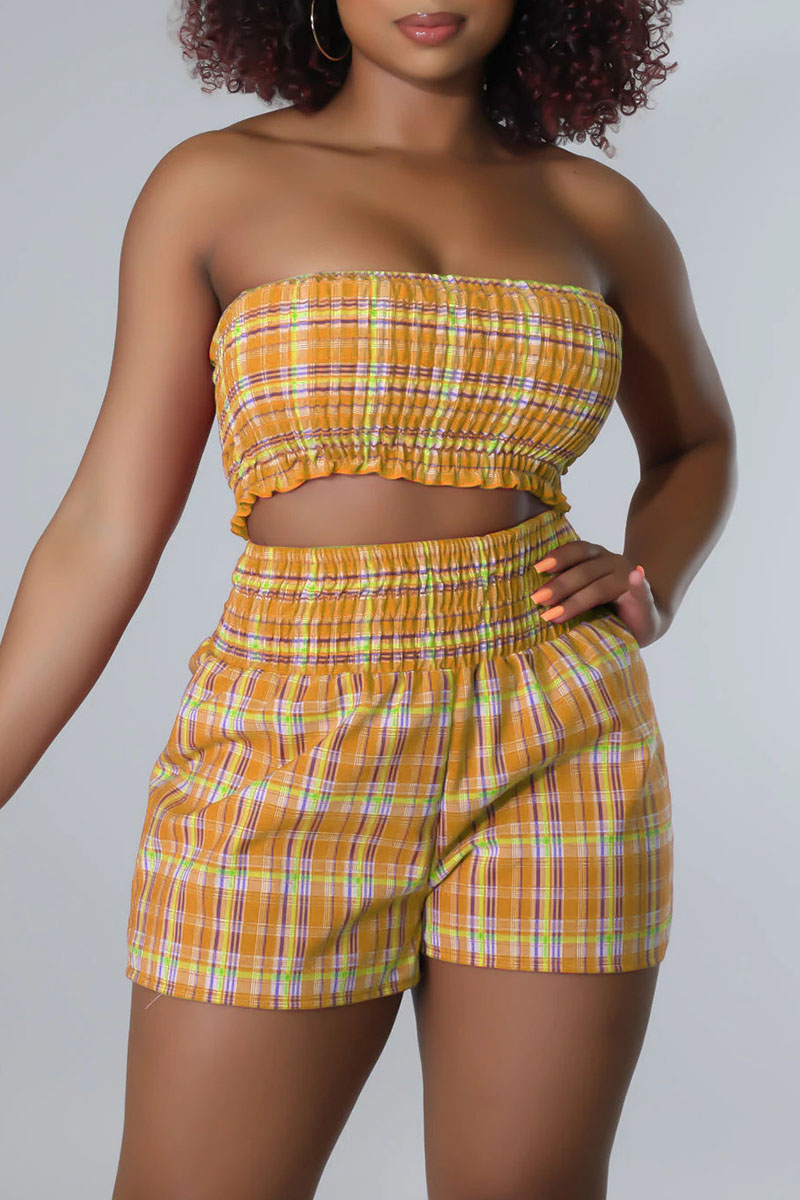 

Yellow Casual Plaid Print Split Joint Strapless Sleeveless Two Pieces