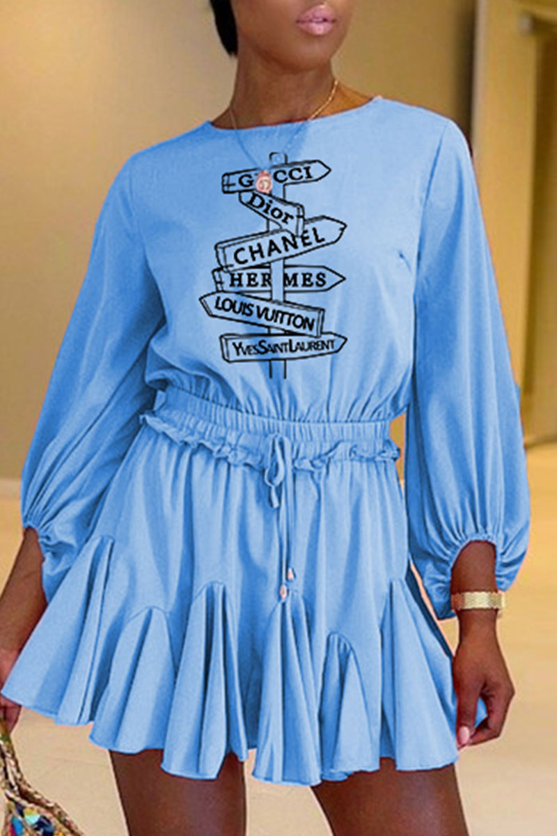 

Light Blue Fashion Casual Print Letter O Neck Loose Jumpsuits