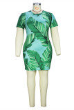 Vestido de manga corta con cuello en O básico estampado informal de talla grande verde