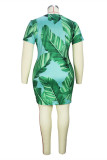 Зеленое модное повседневное платье больших размеров с принтом, базовое платье с круглым вырезом и короткими рукавами