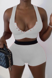 White Sexy Solid Buckle V Neck Sleeveless Two Pieces