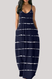 Light Blue Fashion Striped Print Backless Spaghetti Strap Long Dress