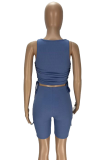 Blue Sportswear Solid Draw String O Neck Sleeveless Two Pieces