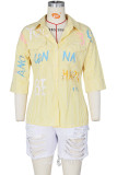 Yellow Casual Striped Print Patchwork Buckle Beading Turndown Collar Tops
