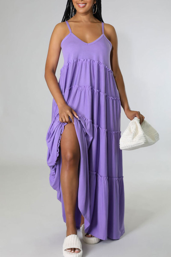Фиолетовое повседневное однотонное лоскутное платье на бретельках на бретельках платья