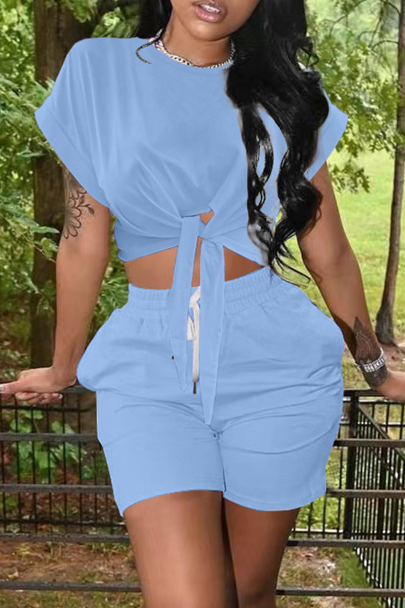 

Light Blue Fashion Casual Solid Bandage O Neck Short Sleeve Two Pieces