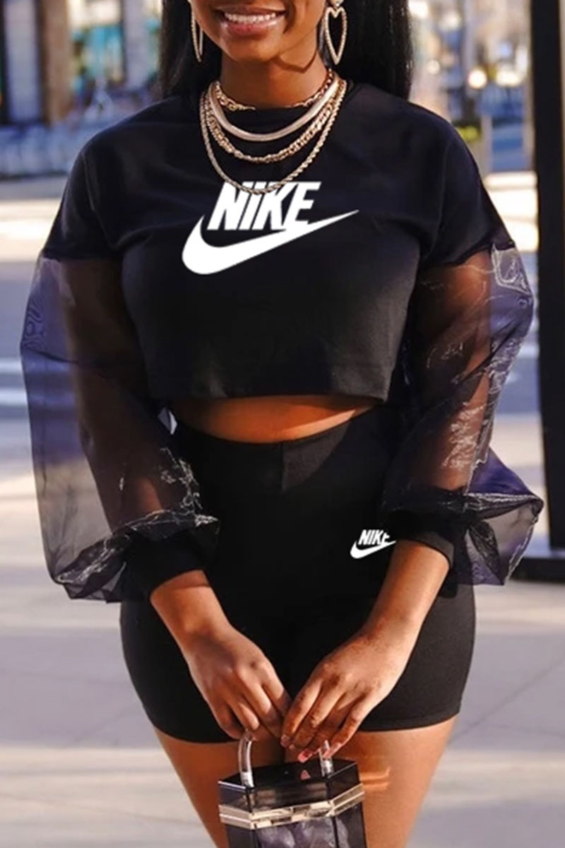 

Black Fashion Street Print Patchwork O Neck Long Sleeve Two Pieces