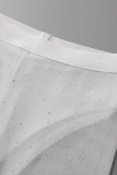 Branco sexy sólido vazado patchwork transparente frente única sem mangas duas peças