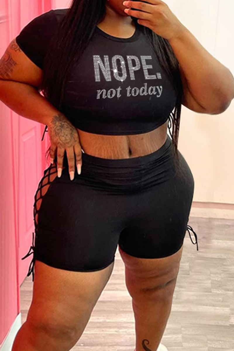 Black Fashion Hot Drilling Hollowed Out O Neck Plus Size Two Pieces