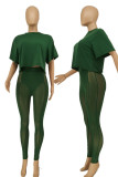 Зеленый Сексуальный принт Пэчворк Прозрачный О-образный вырез с коротким рукавом Из двух частей