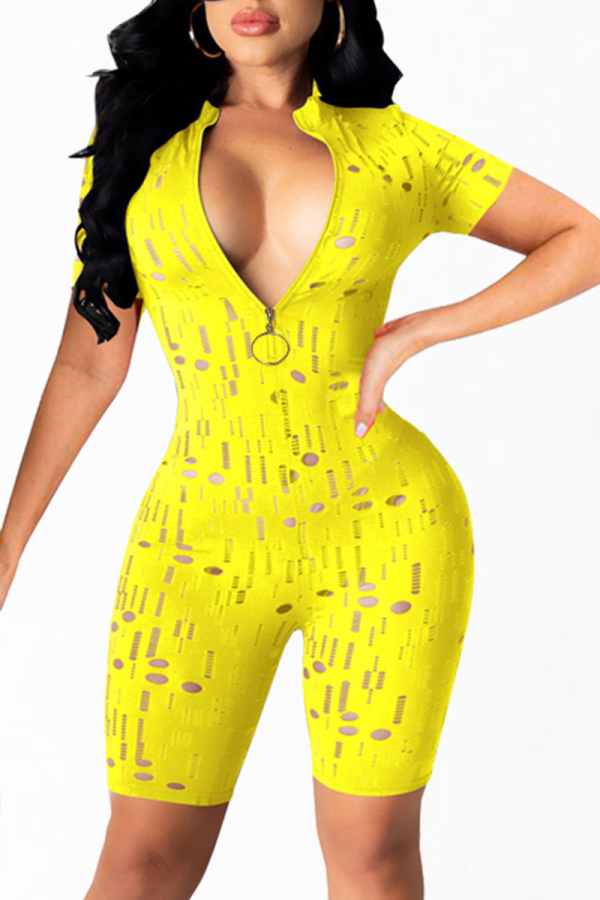 Yellow Sexy Solid Hollowed Out Zipper Collar Skinny Rompers
