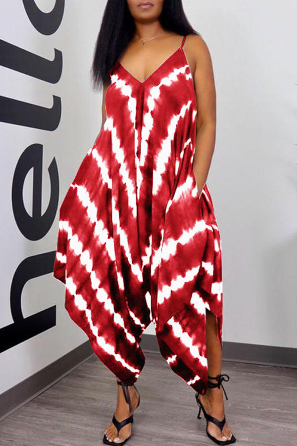 Red Casual Print Patchwork Spaghetti Strap Loose Jumpsuits