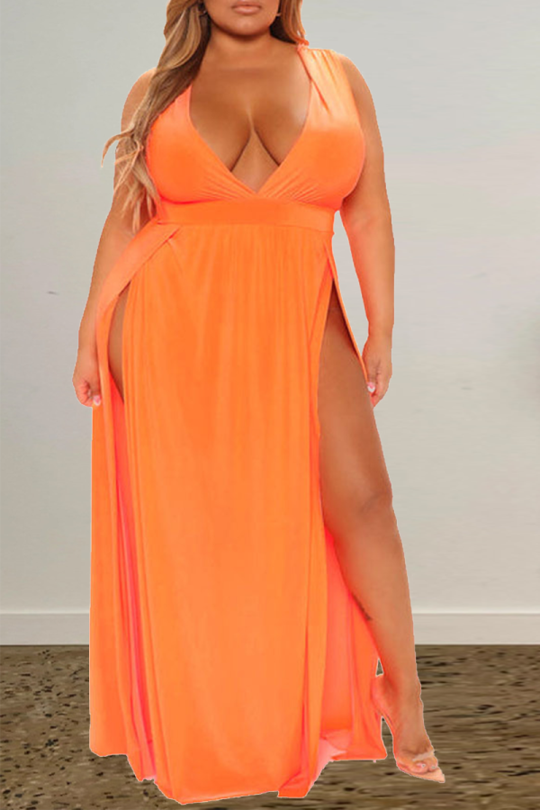 Tangerine Red Casual Solid High Open Halter Straight Plus Size Dresses