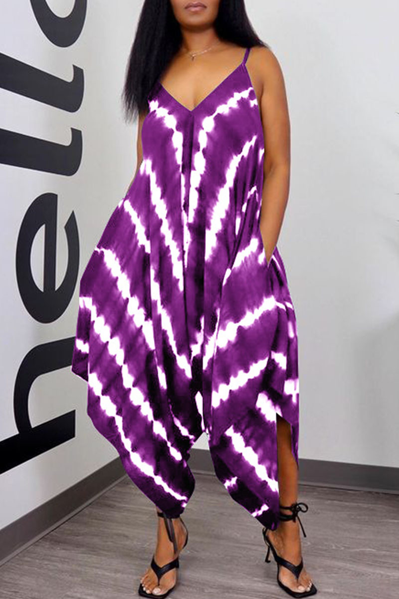 

Purple Casual Print Split Joint Spaghetti Strap Loose Jumpsuits
