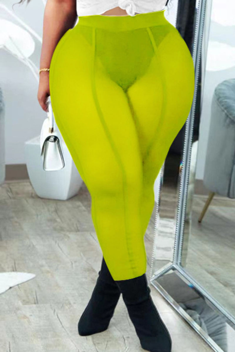 

Fluorescent Green Fashion Casual Solid Split Joint See-through Plus Size Trousers