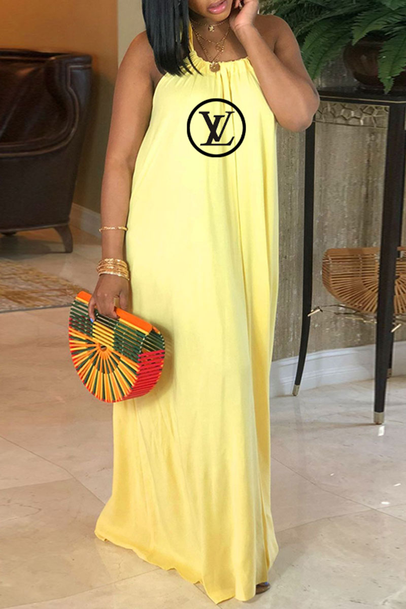 

Yellow Fashion Bohemian Print Backless Letter Halter A Line Dresses