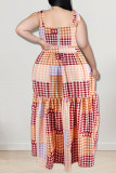 Purplish Red Casual Not Positioning Printed Bandage Backless Spaghetti Strap Plus Size Two Pieces
