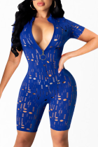 Blue Sexy Solid Hollowed Out Zipper Collar Skinny Rompers