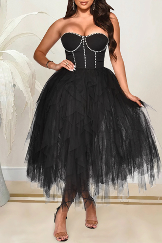 Black Sexy Hot Drilling Mesh Strapless Mesh Dress Dresses