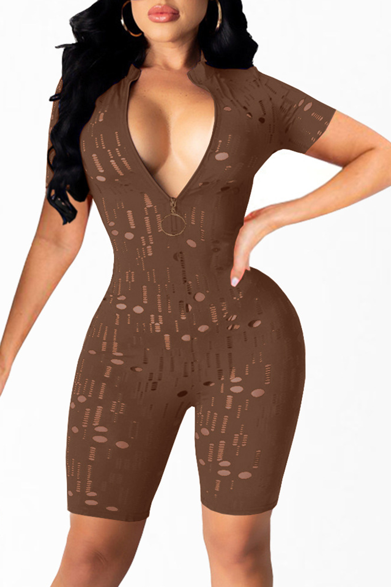 

Coffee Sexy Solid Hollowed Out Zipper Collar Skinny Jumpsuits