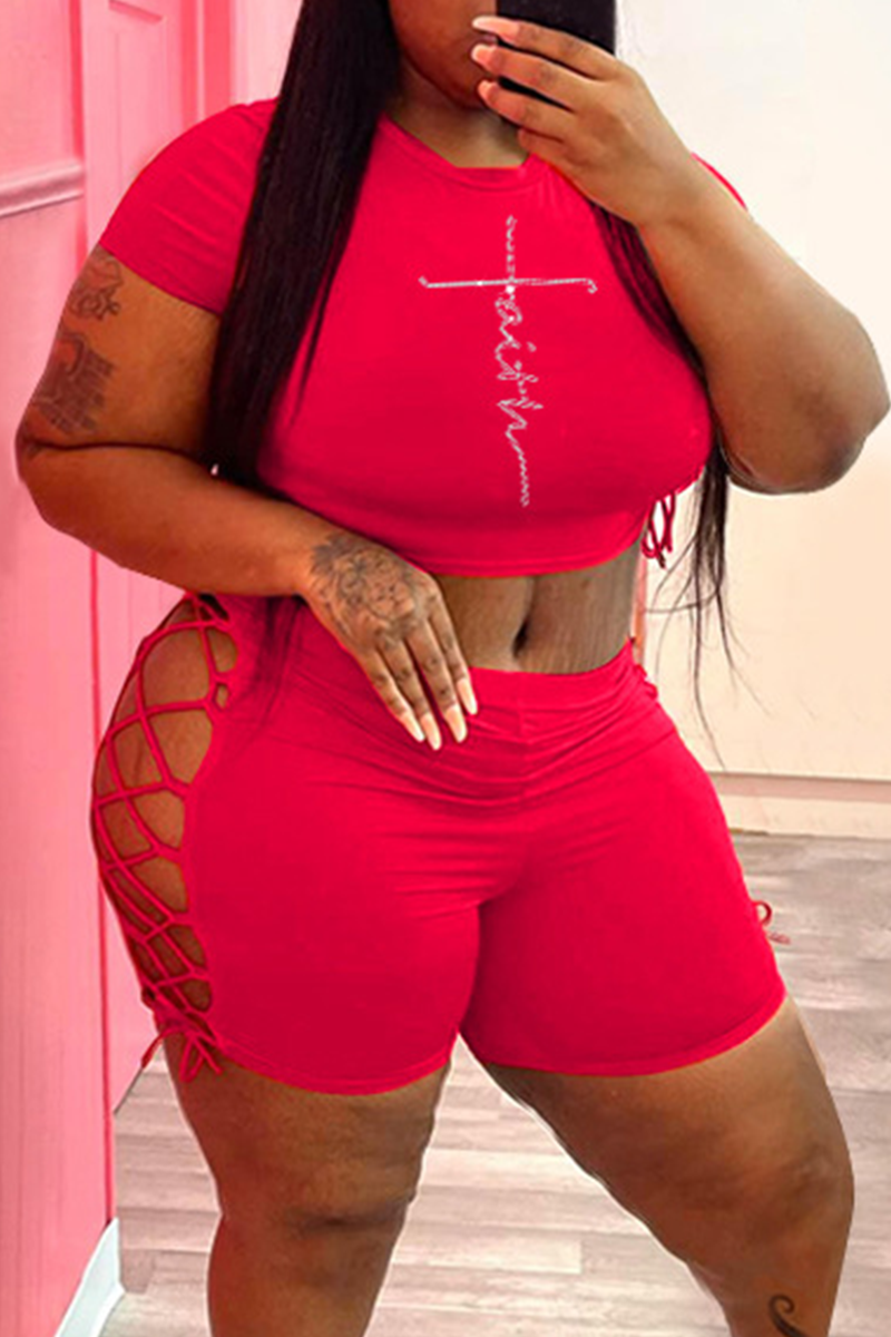 

Red Street Hot Drilling Hollowed Out O Neck Plus Size Two Pieces