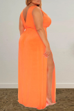 Tangerine Red Casual Solid High Opening Halter Straight Plus Size Dresses