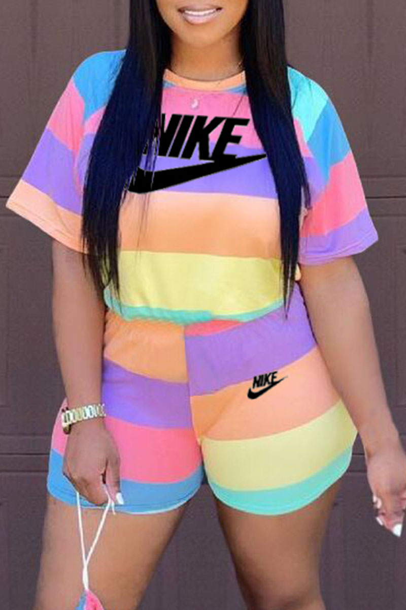 

Colour Fashion Casual Striped Split Joint O Neck Short Sleeve Two Pieces