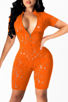 Orange Sexy Solid Hollowed Out Zipper Collar Skinny Rompers