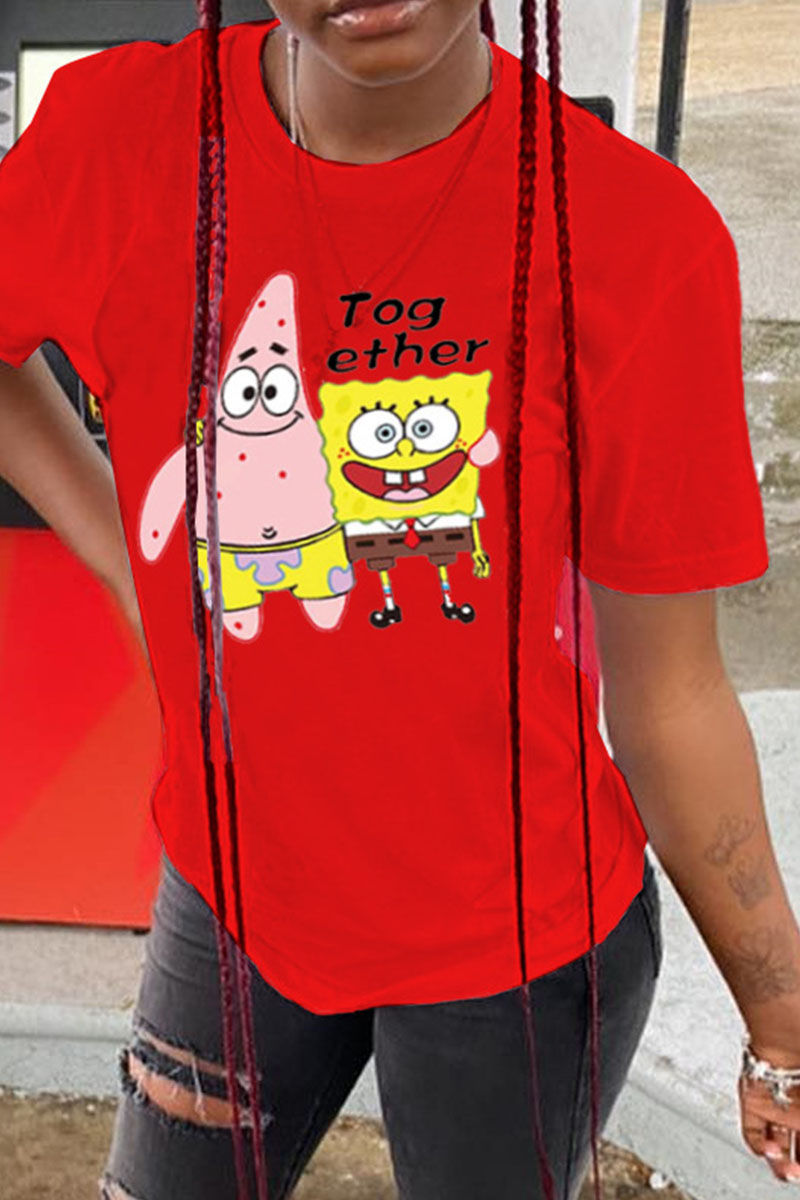 

Red Fashion Street Character Split Joint O Neck T-Shirts