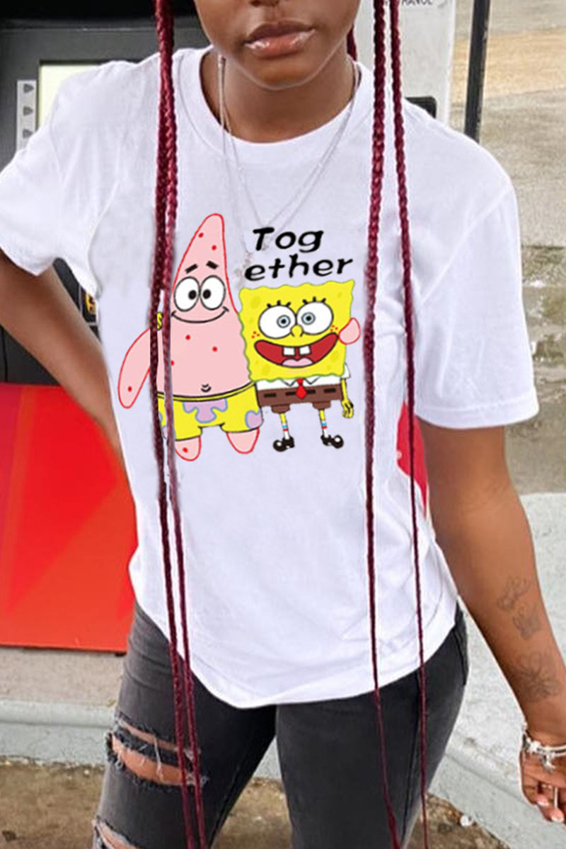 

White Fashion Street Character Split Joint O Neck T-Shirts