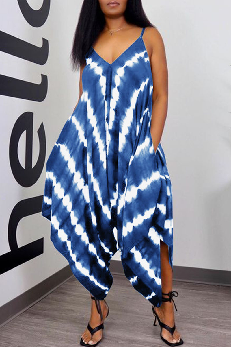 

Blue Casual Print Split Joint Spaghetti Strap Loose Jumpsuits