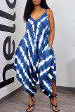 Blue Casual Print Patchwork Spaghetti Strap Loose Jumpsuits