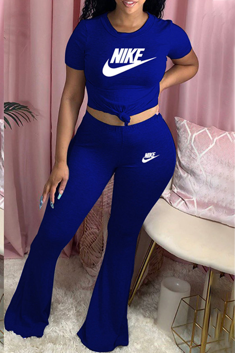 

Royal Blue Fashion Casual Print Letter O Neck Short Sleeve Two Pieces