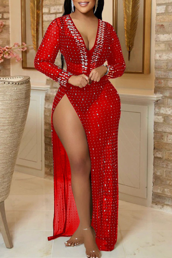 Rote, sexy, solide Patchwork-Kleider mit durchsichtigem Schlitz, Hot Drill und V-Ausschnitt