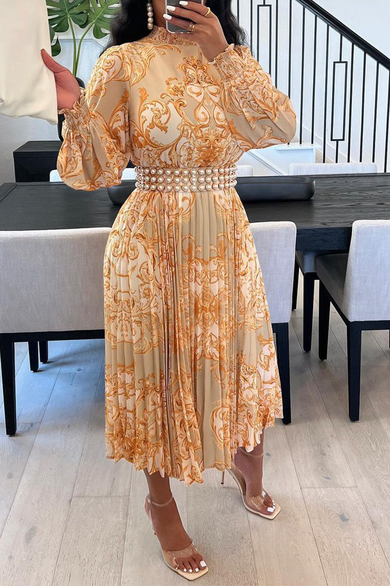 

Yellow Casual Print Split Joint Half A Turtleneck Cake Skirt Dresses
