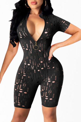 Black Sexy Solid Hollowed Out Zipper Collar Skinny Jumpsuits