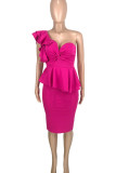 Rose Red Elegant Solid Patchwork Flounce Asymmetrical Asymmetrical Collar Evening Dress Dresses