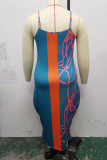Cyaan casual print patchwork sling-jurk met spaghettibandjes Grote maten jurken