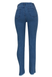 Jeans skinny azul casual patchwork rasgado cintura média