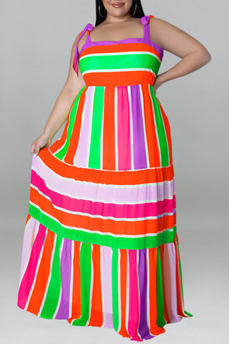 Red Fashion Casual Plus Size Print Bandage Backless Spaghetti Strap Long Dress