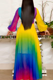 Blå Gul Casual Elegant Print Patchwork V-hals Raka klänningar
