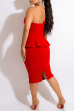 Red Elegant Solid Patchwork Flounce Asymmetrical Asymmetrical Collar Evening Dress Dresses