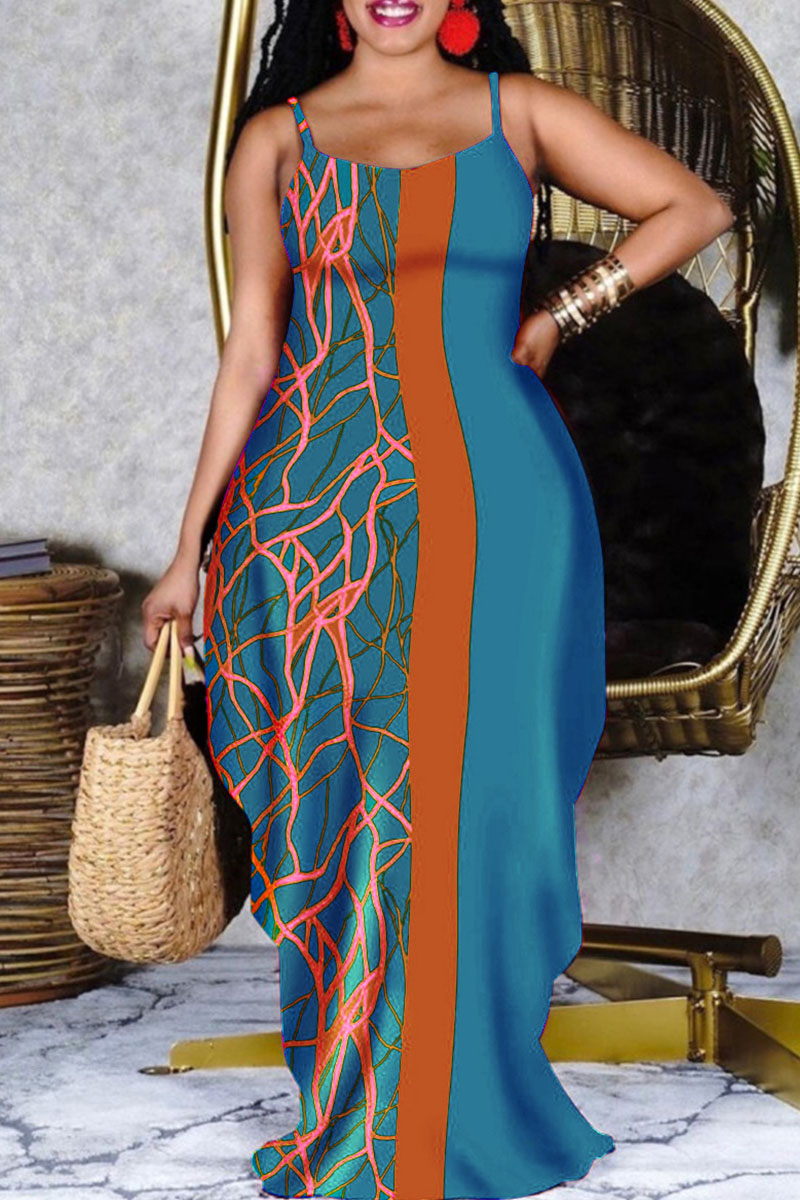 

Cyan Casual Print Split Joint Spaghetti Strap Sling Dress Plus Size Dresses