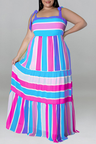 Light Blue Fashion Casual Plus Size Print Bandage Backless Spaghetti Strap Long Dress