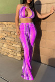 Purple Sexy Print Bandage Patchwork Backless Sleeveless Two Pieces