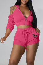 Rose Red Sexy Print Patchwork Hooded Collar Three Quarter Two Pieces