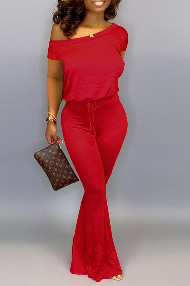 

Red Casual Solid Split Joint One Shoulder Boot Cut Jumpsuits